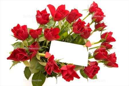 تصویر با کیفیت دسته گل قرمز با کاغذ تبریک